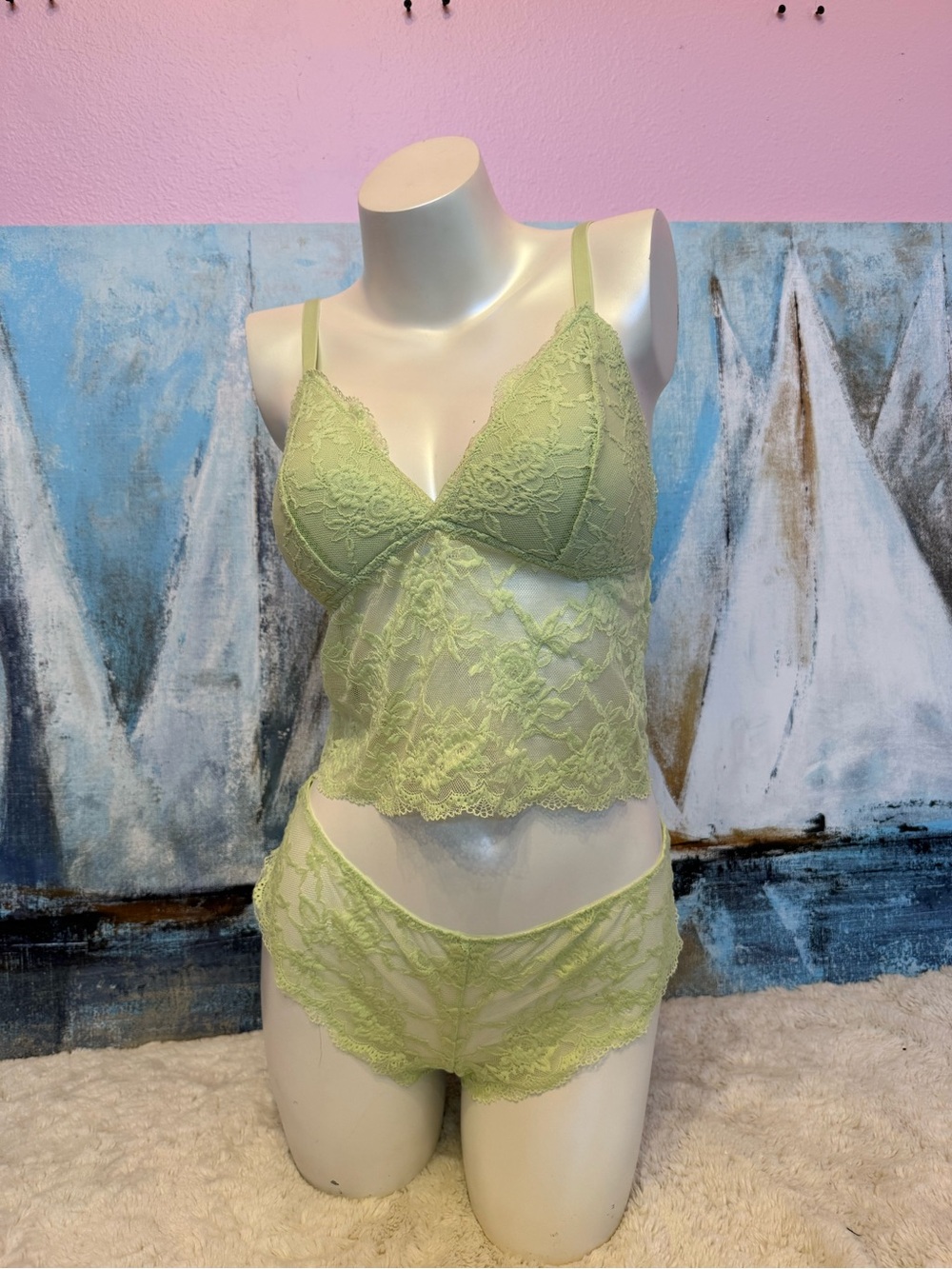 Lace Bralette Camisole & Boyshort Set - Light Green